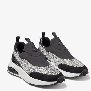 Authentic Jimmy Choo Memphis/F Mix Neoprene/Leather Trainers with Crystals.